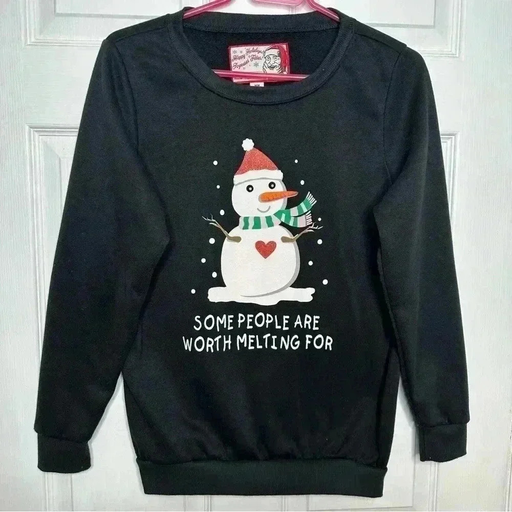 Happy Holidays! Christmas Snowman Sweatshirt Black Size Medium